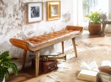 Sitzbank >WL6.479< in Braun / Mango, Echtleder / Massivholz - 125x50x38 (BxHxT)