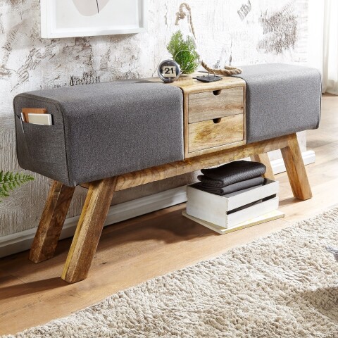 Sitzbank >WL6.480< in Grau / Mango, Stoff / Massivholz - 120x56x30cm (BxHxT)