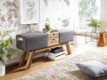 Sitzbank >WL6.480< in Grau / Mango, Stoff / Massivholz - 120x56x30cm (BxHxT)