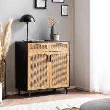 Kommode >WL6.830< in Schwarz / Wiener Geflecht, Holzwerkstoff - 80x87x40 (BxHxT)