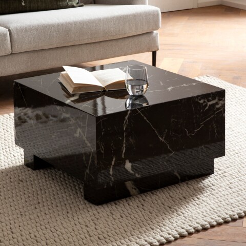 Couchtisch >MONOBLOC< in Marmor Optik schwarz, MDF - 60x35x60cm (BxHxT)