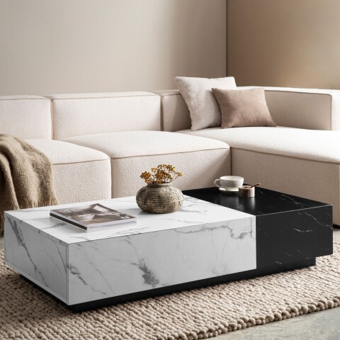 Couchtisch >WL7.144< in Marmor-Optik Weiß / schwarz - 120x28x60 (BxHxT)