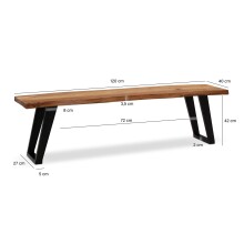 Sitzbank >WL7.301< in Akazie / schwarz, Massivholz & Metall - 120x46x40 (BxHxT)