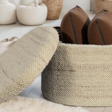 Sitzhocker >WL7.426< mit Stauraum, in Braun, Wollstoff - 81x62x40cm (LxBxH)
