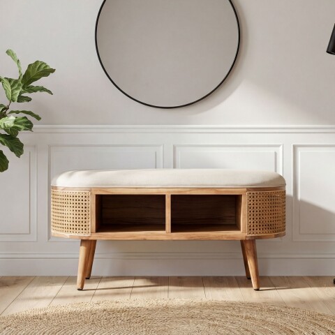 Schuhbank >WL7.439< in Akazie & Wiener Geflecht, Massivholz - 90x45x45cm (BxHxT)