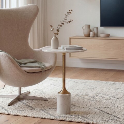 Beistelltisch >WL7.477< in Weiß / Gold, Marmor & Aluminium - 56x37cm (HxD)