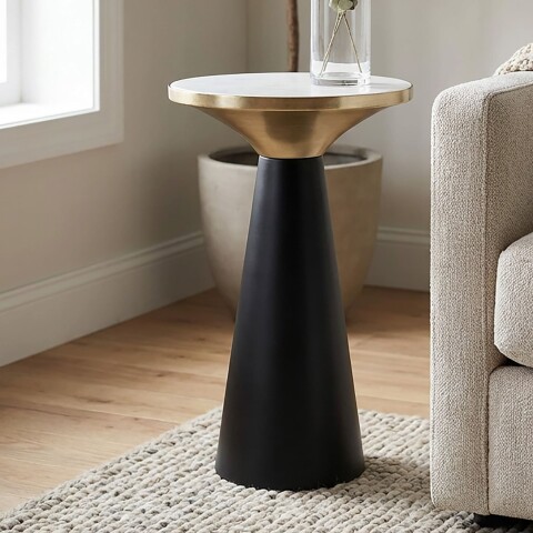 Beistelltisch >WL7.492< in Weiß / Schwarz, Marmor & Metall - 54x28cm (HxD)