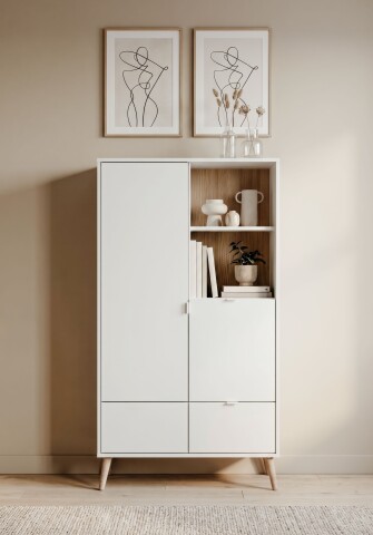 Highboard >Soma< in weiß / Dekor Eiche, Holzwerkstoff - 78x154x40cm (BxHxT)