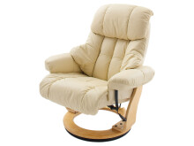 Relaxsessel >Carl I< mit Hocker, bis 130 kg belastbar, drehbarer Fernsehsessel mit Liegefunktion, Echtleder creme, Gestell Holz natur