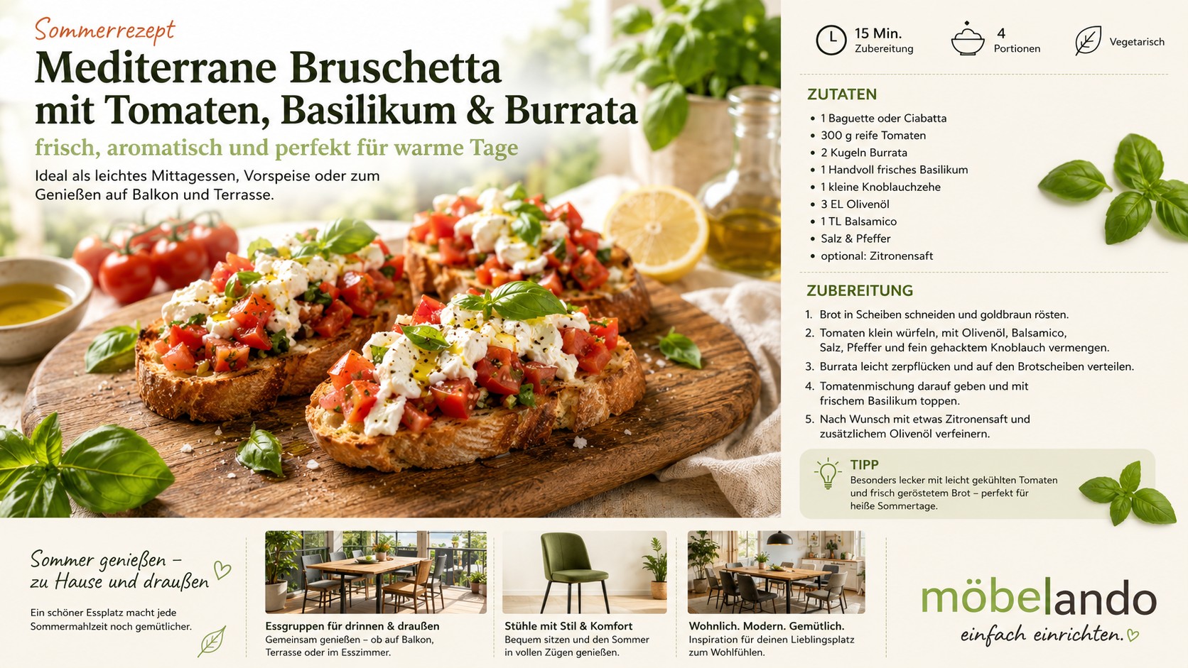 Mediterrane Bruschetta mit Tomaten, Basilikum und Burrata auf geröstetem Brot