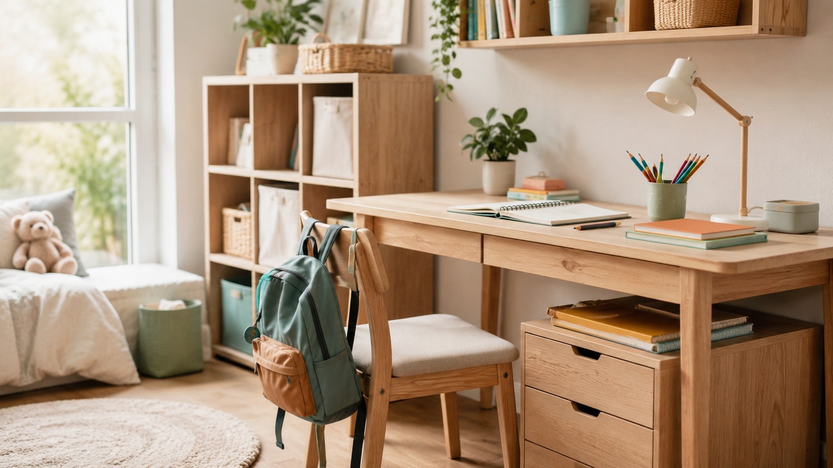 Helle Lern- und Ordnungsecke im Kinderzimmer mit Schreibtisch, Regal und Schulmaterialien
